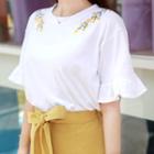 Round-neck Frilled Short-sleeve Embroidered T-shirt
