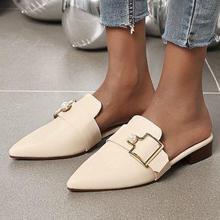 Block Heel Pointed Buckled Mules