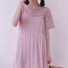 Set: Short-sleeve Striped Long T-shirt + Spaghetti Strap Sheer Midi Dress