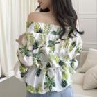 3/4-sleeve Printed Frill Trim Top
