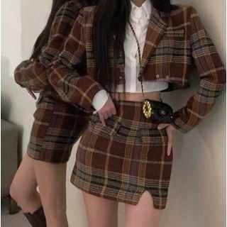 Plaid Crop Blazer / Crop Shirt / Pencil Skirt