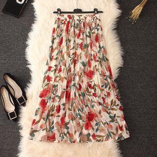 Flower Print Midi A-line Chiffon Skirt