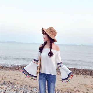 Off-shoulder Tasseled Long-sleeve Top