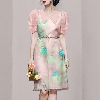 Puff-sleeve Printed A-line Organza Dress / Belt / Set
