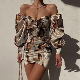 Off-shoulder Tie-dyed Shirred Bodycon Dress