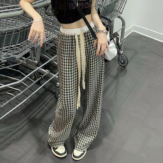 High-waist Drawstring Plaid Wide-leg Pants Black & White - One Size