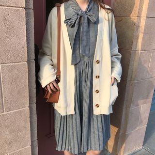 Houndstooth Print Long-sleeve Midi Dress As Shown In Figure - One Size