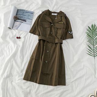 Front Pocket Applique Midi Dress With Belt