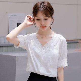 Short-sleeve Lace Trim Buttoned Chiffon Blouse