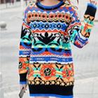 Long-sleeve Patterned Mini Knit Dress Patterned - Blue & Orange & Black - One Size
