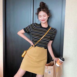 Short-sleeve Striped Knit Top / Mini Skirt
