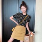 Short-sleeve Striped Knit Top / Mini Skirt