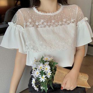 Short-sleeve Lace Panel Chiffon Top White - One Size