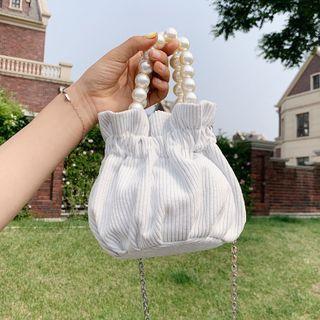 Faux Pearl Strap Ribbed Bucket Bag