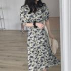 Floral Print Puff-sleeve Midi A-line Dress Blue Floral - Off White - One Size