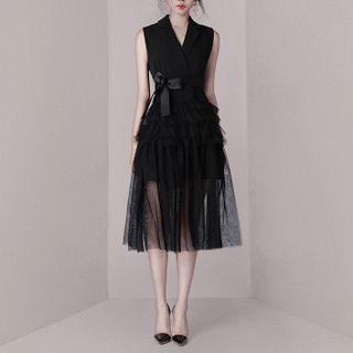 Sleeveless V-neck Mesh Panel Midi A-line Dress
