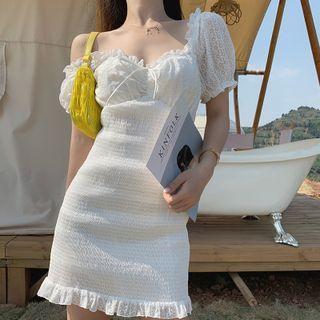 Short-sleeve Frill Trim Lace Mini Sheath Dress