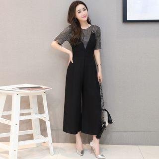 Set: Short-sleeve Top + Cropped Suspender Pants