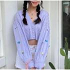 Long Sleeve V-neck Floral Embroidered Crop Cardigan