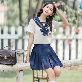 Set: Short-sleeve Strawberry Embroidered Blouse + A-line Skirt