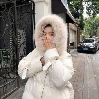 Furry-trim Double-breasted Hooded Padded Jacket