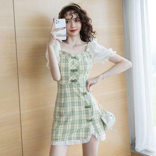 Puff-sleeve Plaid Frog-buttoned Mini Sheath Dress