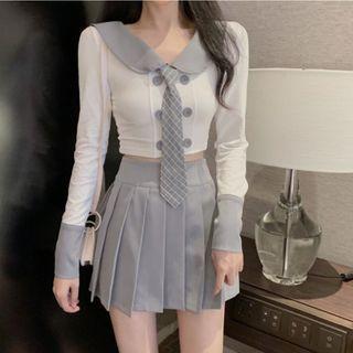 Neck Tie Collared Top / Pleated Skirt