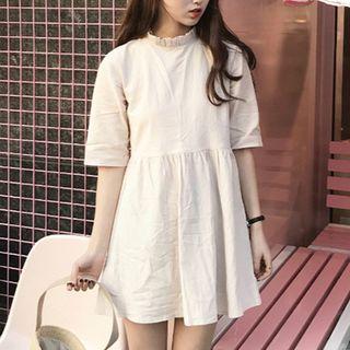 Elbow-sleeve Frill-trim A-line Mini Dress