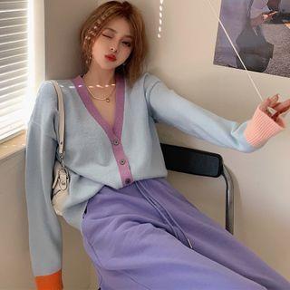 Contrast Trim Cardigan / Plain Sweatpants