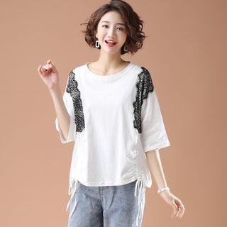 Lace Trim Drawstring Elbow-sleeve T-shirt