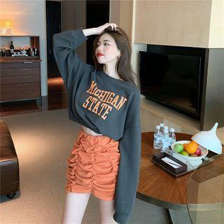 Cropped Lettering Sweatshirt / Ruched Mini Skirt
