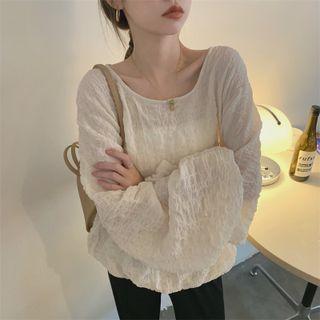 Balloon-sleeve Crinkled Blouse Milky White - One Size