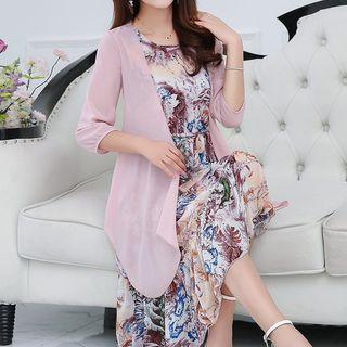 Set: Printed Sleeveless Dress + Plain 3/4 Sleeve Coat