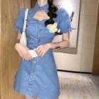 Cut-out Short-sleeve Denim Mini A-line Dress