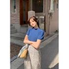 Set: Short-sleeve Knit Top + Flower Pattern Long Skirt Blue - One Size