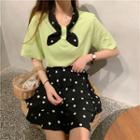 Set: Short-sleeve T-shirt + Polka Dot Mini Tiered Skirt Set - T-shirt - Green - One Size / Skirt - White Dots - Black - One Size