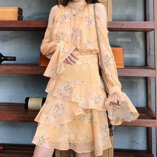 Long-sleeve Cold-shoulder Floral Ruffle A-line Dress