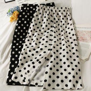 Elastic High-waist Slit-back Dotted Midi Skirt