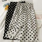 Elastic High-waist Slit-back Dotted Midi Skirt