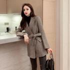 Herringbone Tie Waist Double-breasted Blazer
