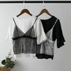 Set: Crew-neck Elbow-sleeve Top + V-neck Lace Camisole Top