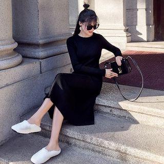 Plain Crewneck Long-sleeve Slim-fit Knit Dress