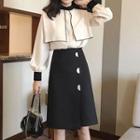 Color Block Blouse / High Waist Straight-fit Skirt