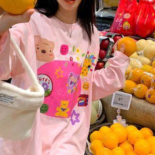 Long-sleeve Cartoon Print T-shirt Pink - One Size