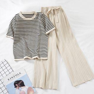 Set: Striped Knit Top + High-waist Wide-leg Pants