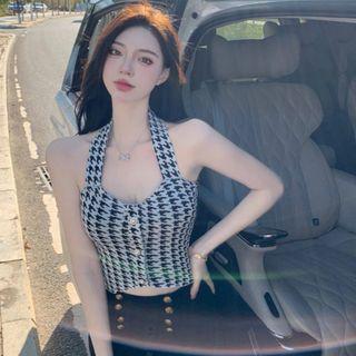 Halter Houndstooth Knit Crop Tank Top