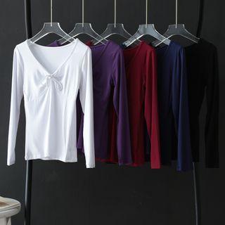 Long-sleeve V-neck Bow-detailed T-shirt