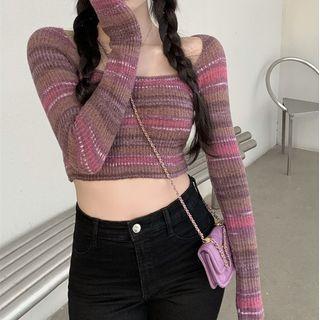 Square Neck Stripe Slim Fit Knit Crop Top Stripe - Purple - One Size