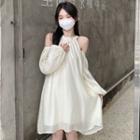 Balloon-sleeve Cold-shoulder Mini A-line Dress Almond White - One Size