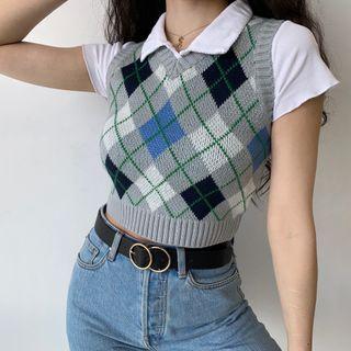Cropped Color Block Argyle Knit Tank Top